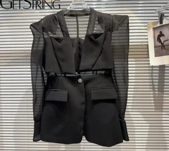 Yuerwang Women Blazer Single Button Elegant Mesh Stitching Shoulder