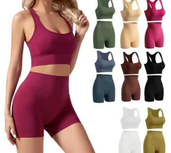 2 Pieces High Waist Short Workout Outfits Casual Sport Bra Ribbed Tracksuit